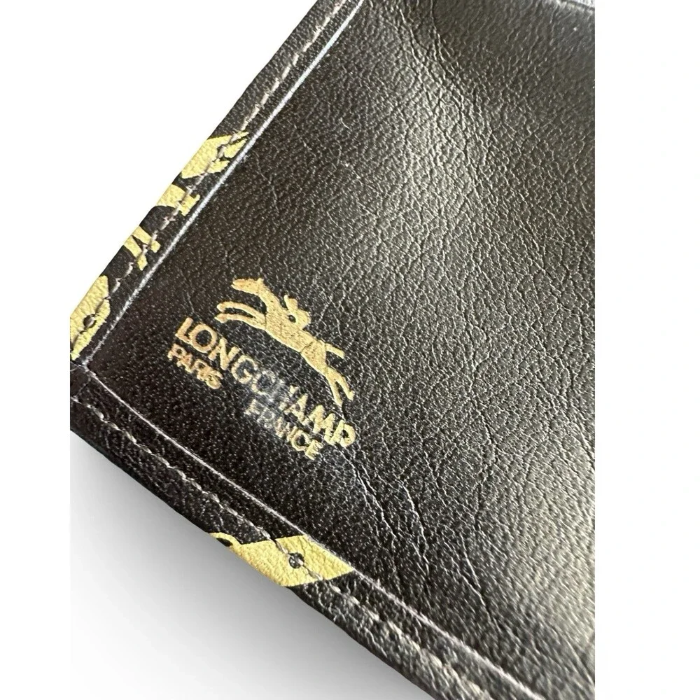 Longchamp Brown Logo Horse Print Bifold Card Coin Pouch Cash  Leather Wallet